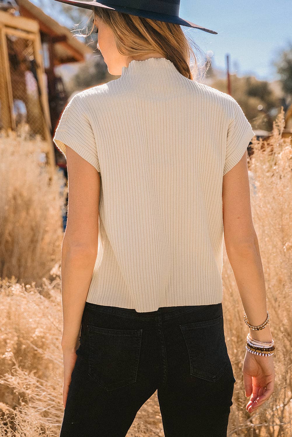 Fall Patch Pocket Rib Knit Short Sleeve Sweater - Oatmeal