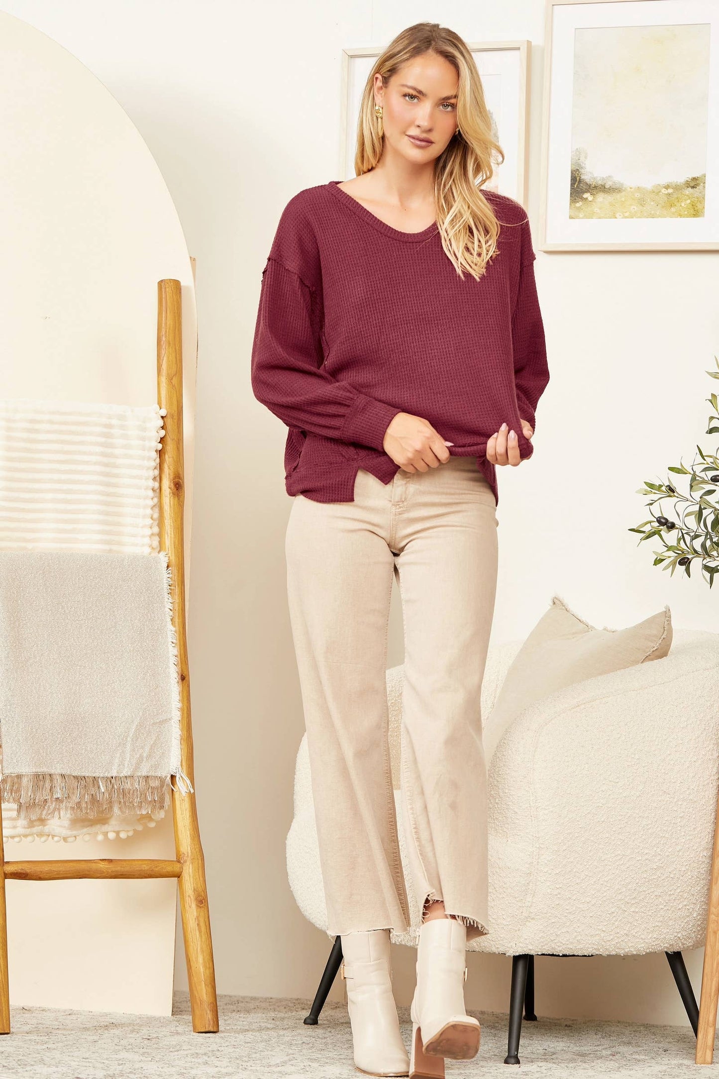 Round Neck Thermal Long Sleeve Top: WINE