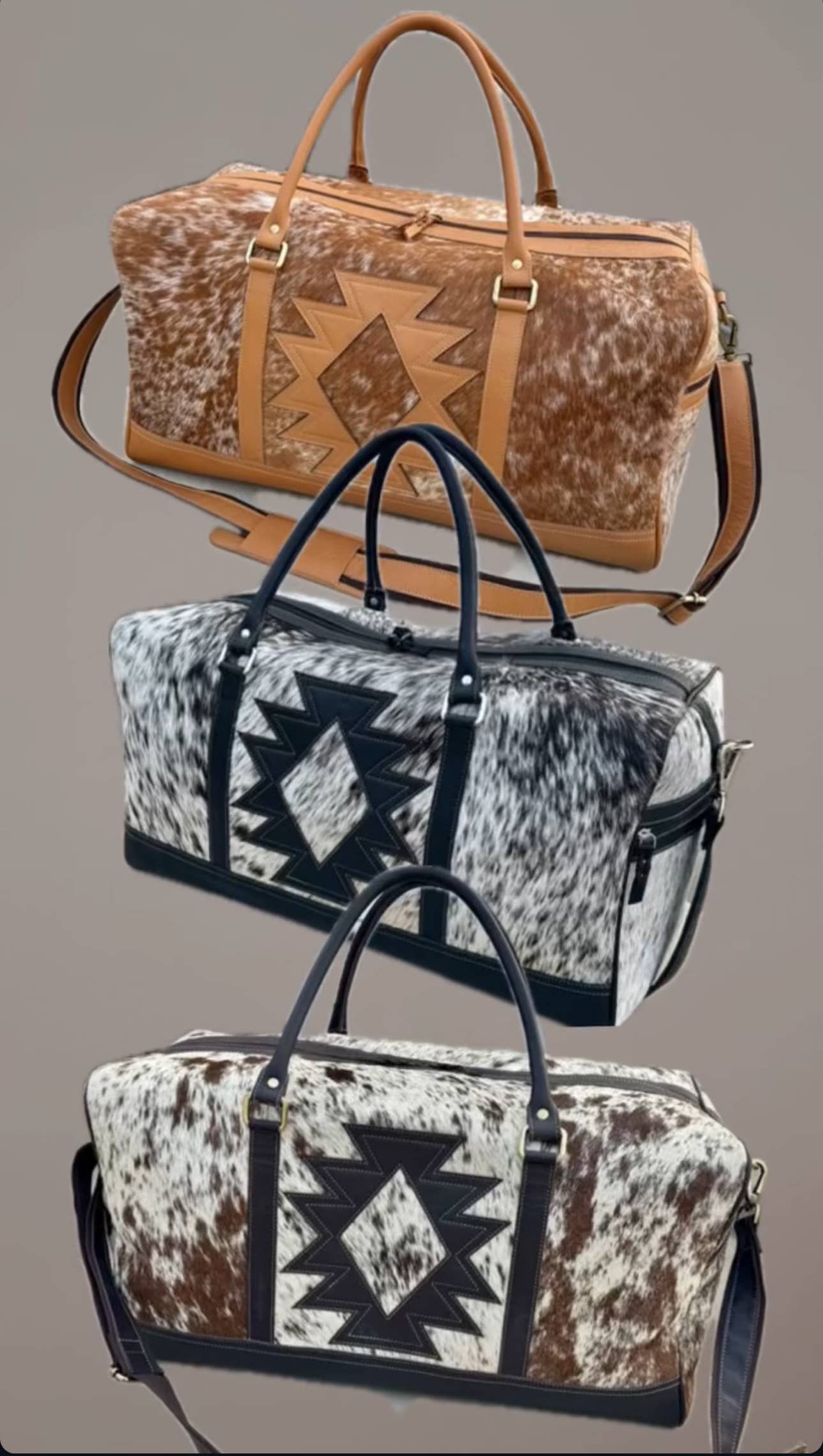 AZTEC TRAVEL DUFFLE leather hair on cowhide travel bag: Black +White Cowhide
