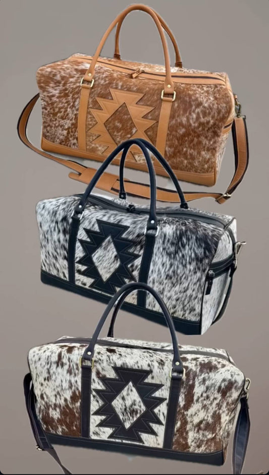 AZTEC TRAVEL DUFFLE leather hair on cowhide travel bag: Black +White Cowhide