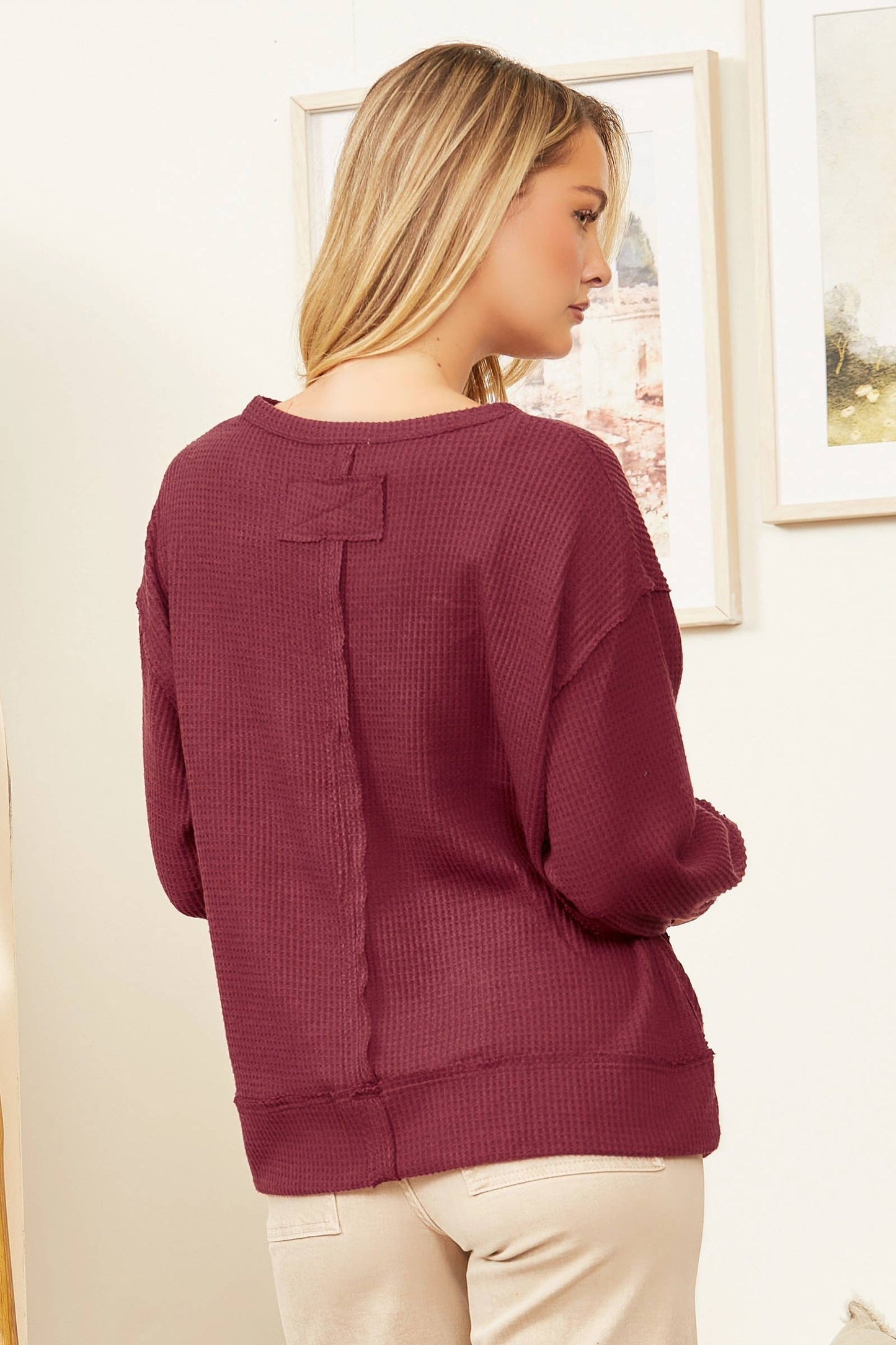 Round Neck Thermal Long Sleeve Top: WINE