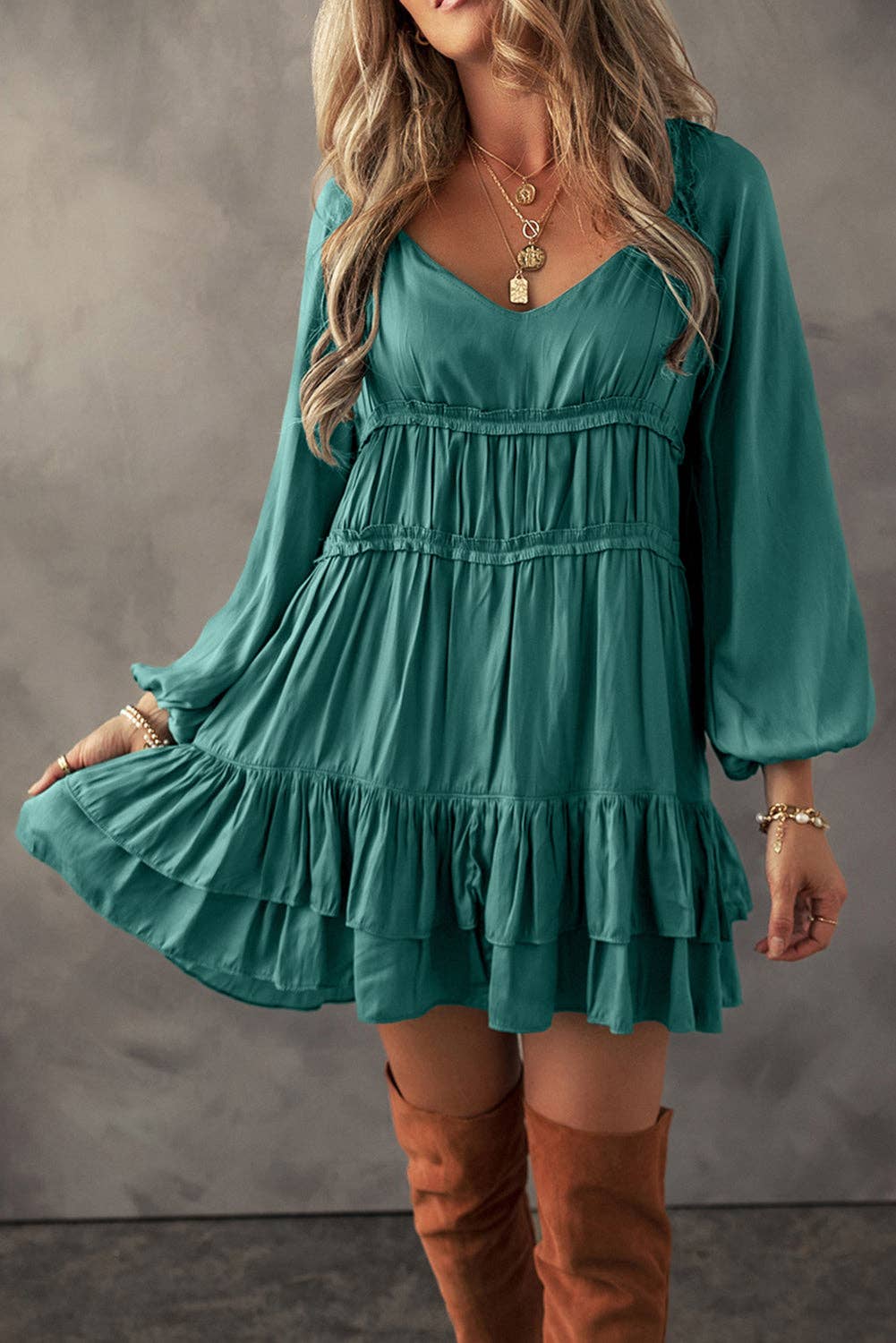 Ruffle Puff Sleeve Mini Dress: Mist Green