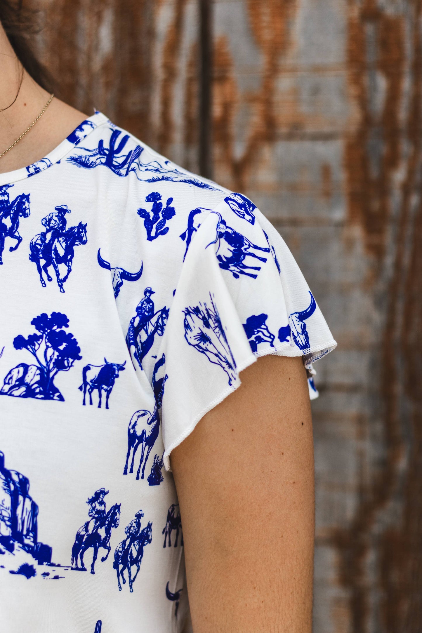 Western Toile Print Flutter Sleeve Top