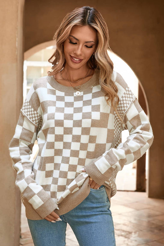 Checkered Print Drop Shoulder Round Neck Sweater: Khaki