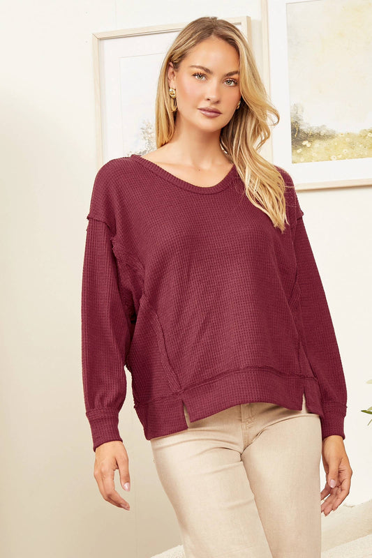 Round Neck Thermal Long Sleeve Top: WINE
