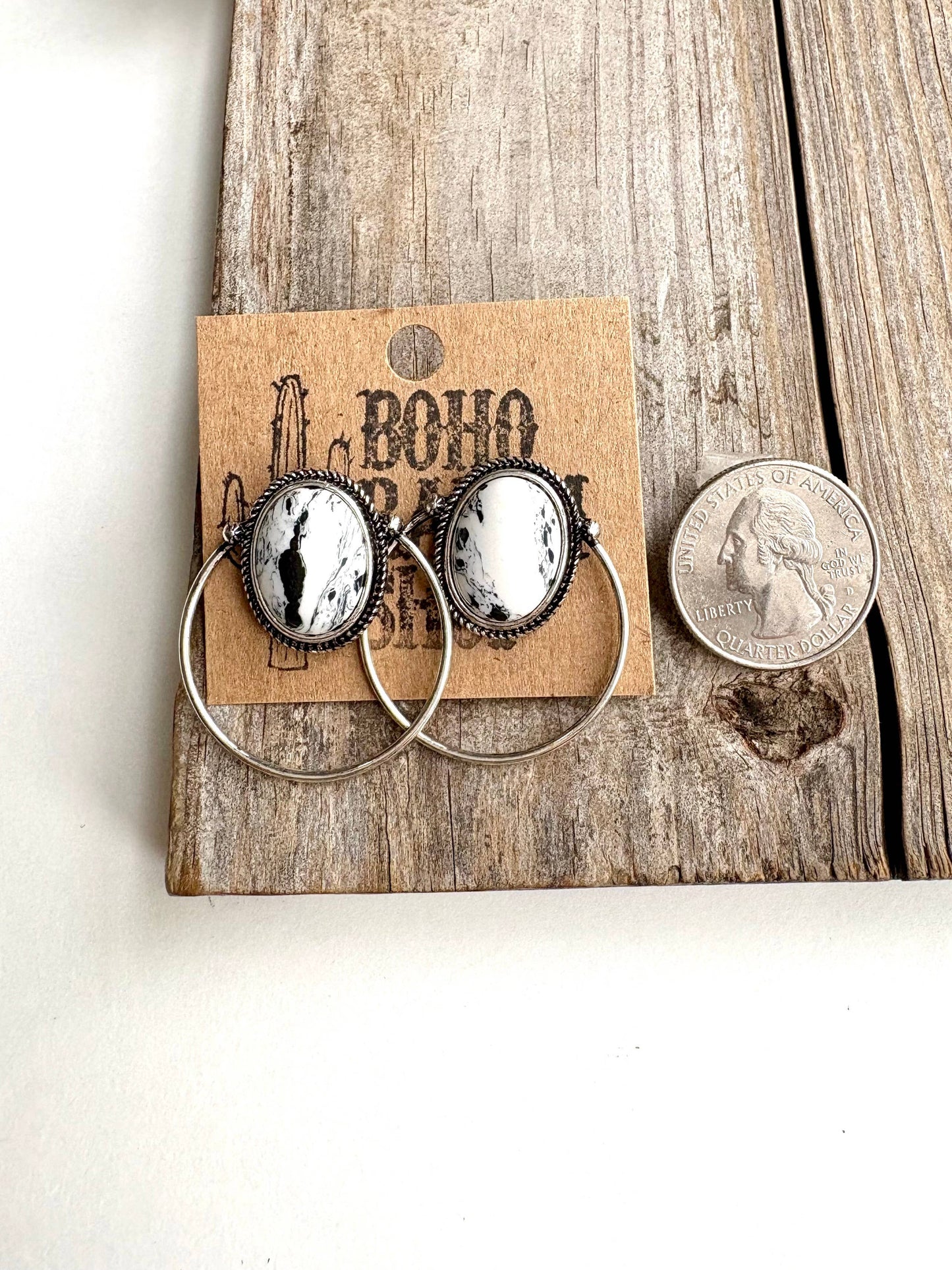 Western Marble Stone Circle Hoop Stud Earrings