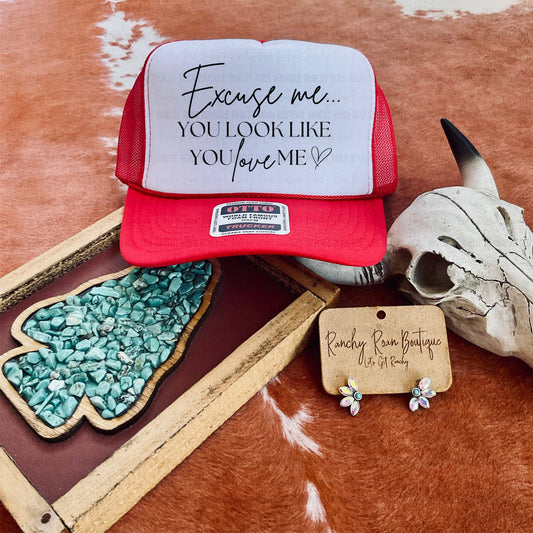 Excuse Me, You Look Like You Love Me Western Trucker Hat: Red/White