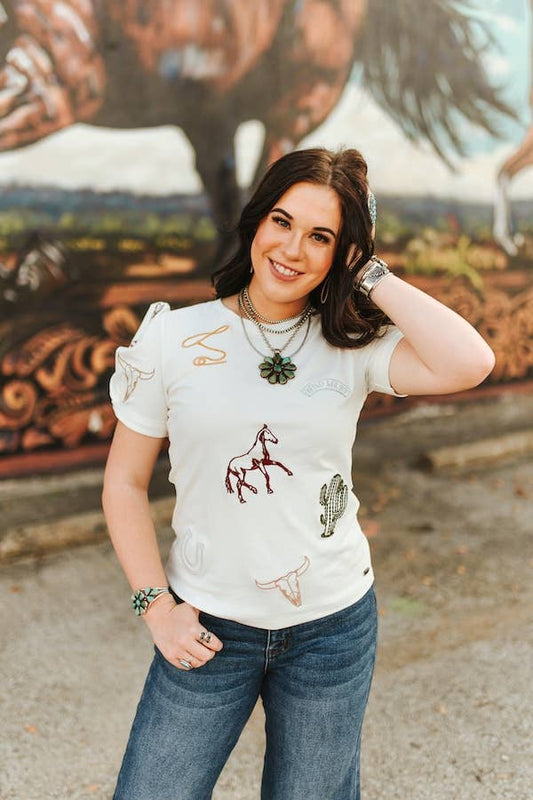 White Western Contrast Embroidered Puff Sleeve Top