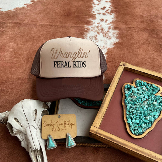 Wranglin Feral Kids Western Trucker Hat: Brown/Tan