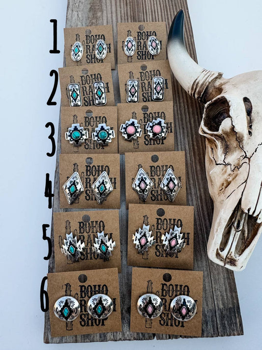 Western Hand Stone Aztec Post Earrings - Oval Pink
