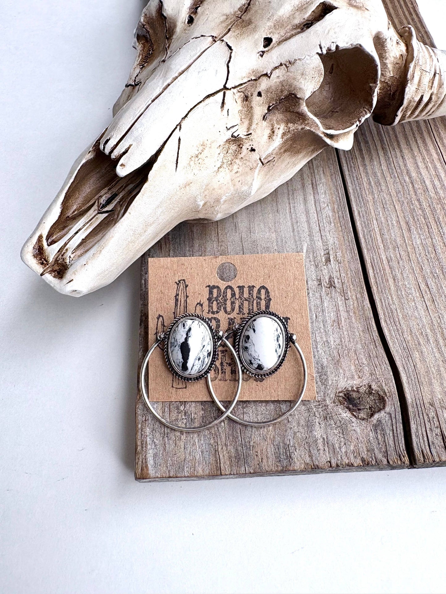 Western Marble Stone Circle Hoop Stud Earrings