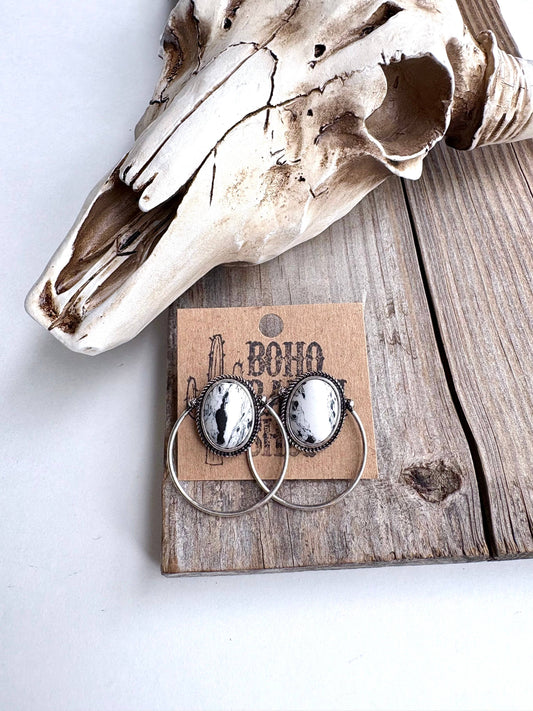 Western Marble Stone Circle Hoop Stud Earrings