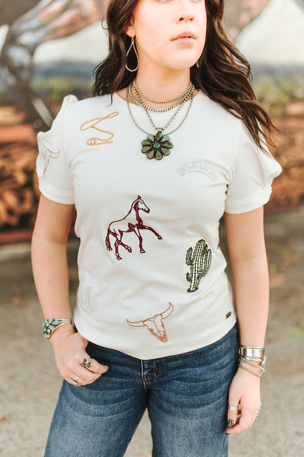 White Western Contrast Embroidered Puff Sleeve Top
