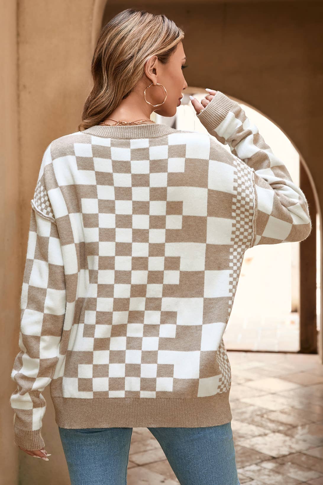 Checkered Print Drop Shoulder Round Neck Sweater: Khaki