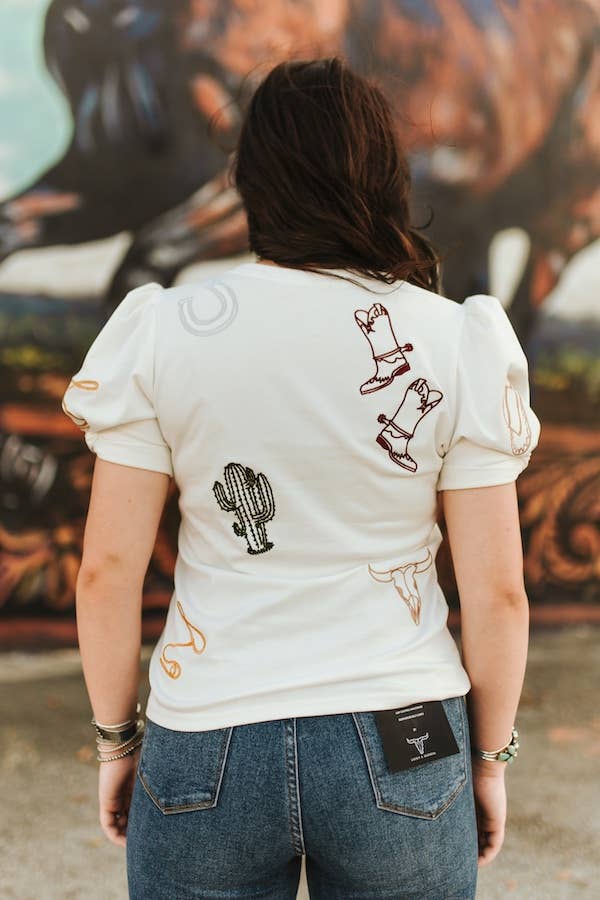 White Western Contrast Embroidered Puff Sleeve Top