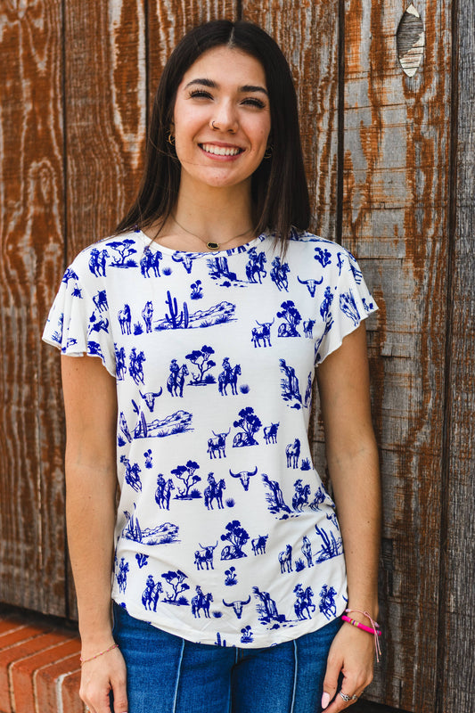 Western Toile Print Flutter Sleeve Top
