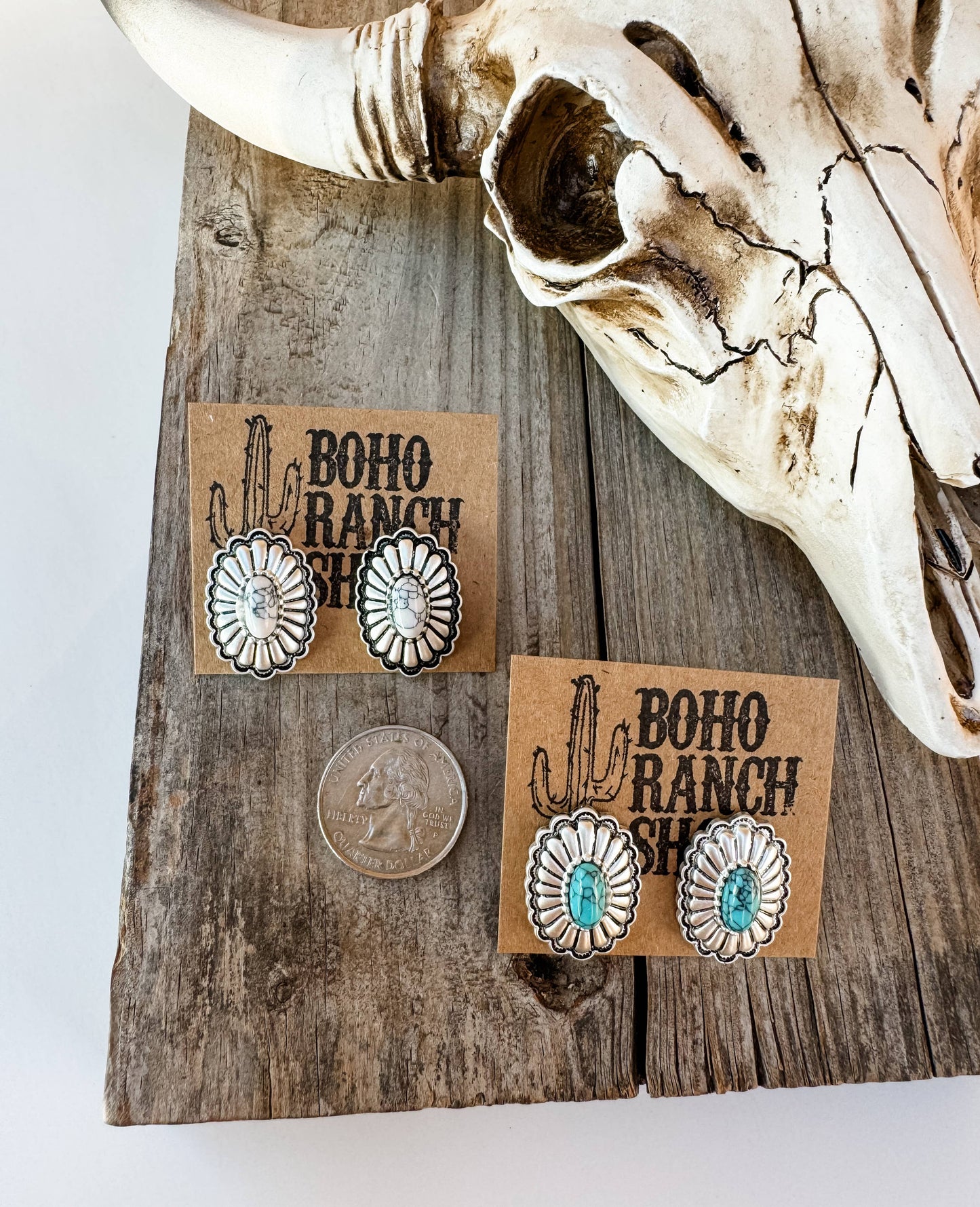 Western Concho Stud Earrings: WHITE